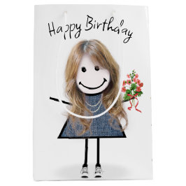 Birthday Stick Figuur Girl met Bouquet Medium Cadeauzakje