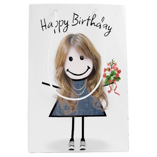 Birthday Stick Figuur Girl met Bouquet Medium Cadeauzakje (Voorkant)