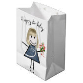 Birthday Stick Figuur Girl met Bouquet Medium Cadeauzakje (Voorkant Gekanteld)