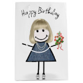 Birthday Stick Figuur Girl met Bouquet Medium Cadeauzakje (Voorkant)