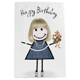 Birthday Stick Figuur Girl met Bouquet Medium Cadeauzakje