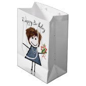 Birthday Stick Figuur Girl met Bouquet Medium Cadeauzakje (Voorkant Gekanteld)