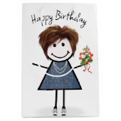 Birthday Stick Figuur Girl met Bouquet Medium Cadeauzakje (Voorkant)