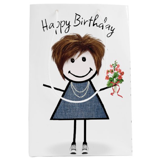Birthday Stick Figuur Girl met Bouquet Medium Cadeauzakje (Voorkant)
