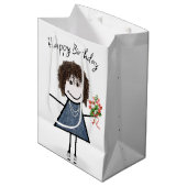 Birthday Stick Figuur Girl met Bouquet Medium Cadeauzakje (Voorkant Gekanteld)