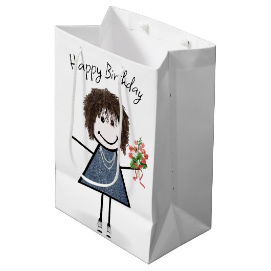 Birthday Stick Figuur Girl met Bouquet Medium Cadeauzakje (Voorkant Gekanteld)