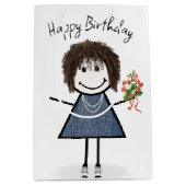 Birthday Stick Figuur Girl met Bouquet Medium Cadeauzakje (Voorkant)