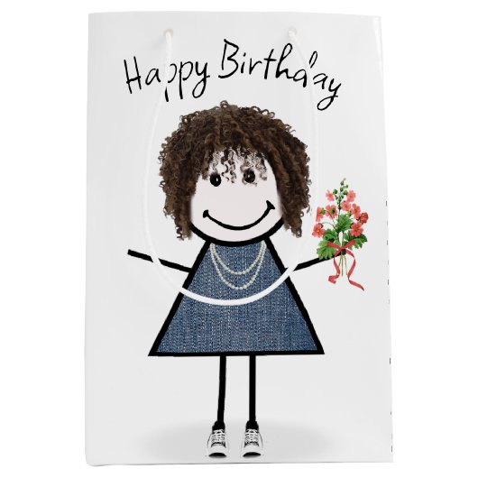 Birthday Stick Figuur Girl met Bouquet Medium Cadeauzakje (Voorkant)