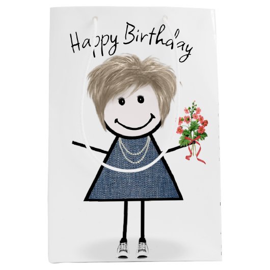 Birthday Stick Figuur Girl met Bouquet Medium Cadeauzakje (Voorkant)