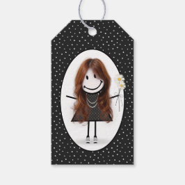 Birthday Stick Figuur Girl met Daisies Cadeaulabel