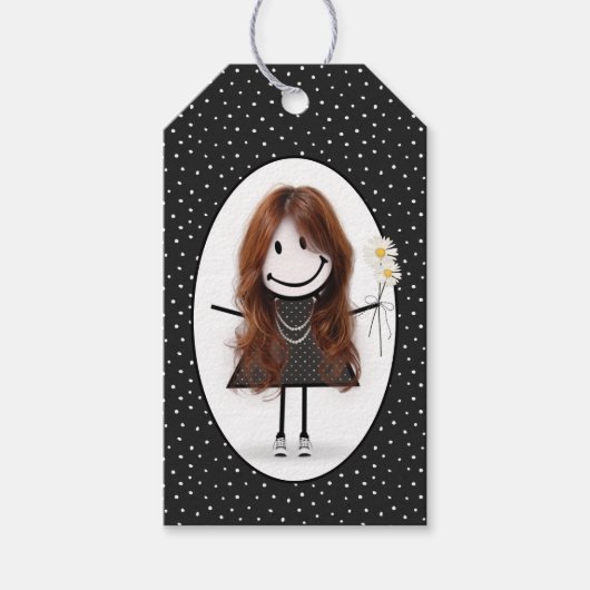 Birthday Stick Figuur Girl met Daisies Cadeaulabel (Voorkant)