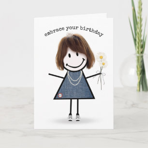 Birthday Stick Figuur Girl met Daisies Kaart