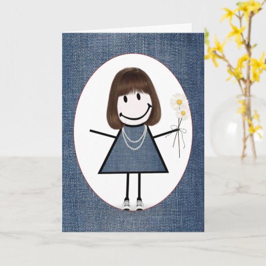 Birthday Stick Figuur Girl met Daisies Kaart (Gele Bloem)
