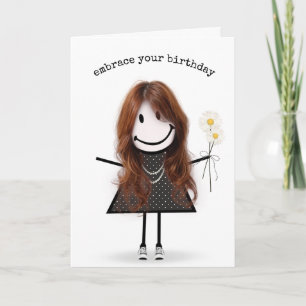Birthday Stick Figuur Girl met Daisies Kaart