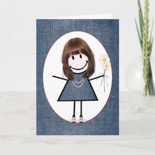 Birthday Stick Figuur Girl met Daisies Kaart