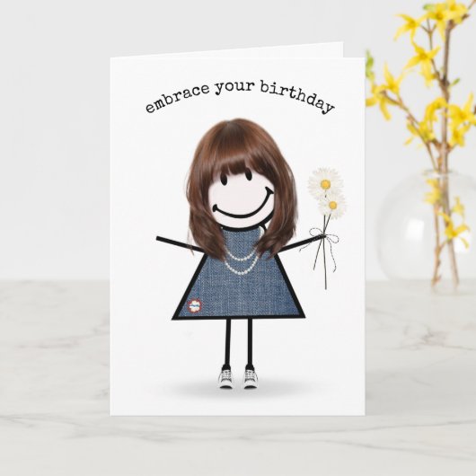 Birthday Stick Figuur Girl met Daisies Kaart (Gele Bloem)