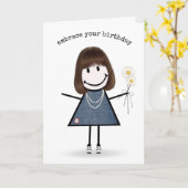 Birthday Stick Figuur Girl met Daisies Kaart (Gele Bloem)