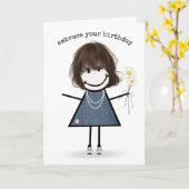 Birthday Stick Figuur Girl met Daisies Kaart (Gele Bloem)