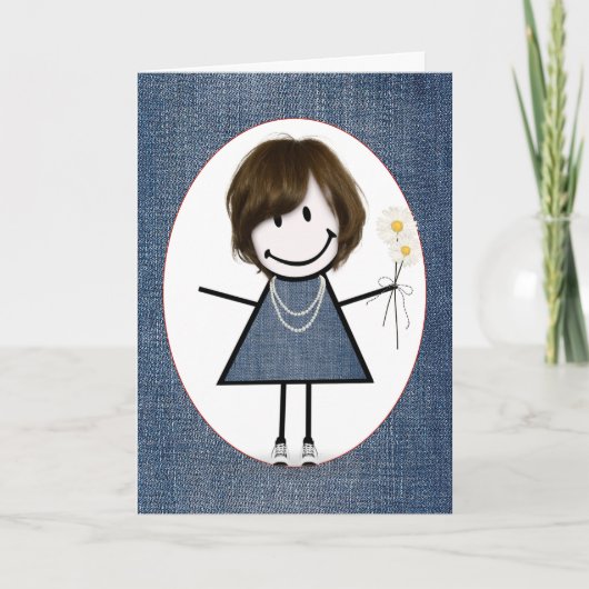 Birthday Stick Figuur Girl met Daisies Kaart (Voorkant)