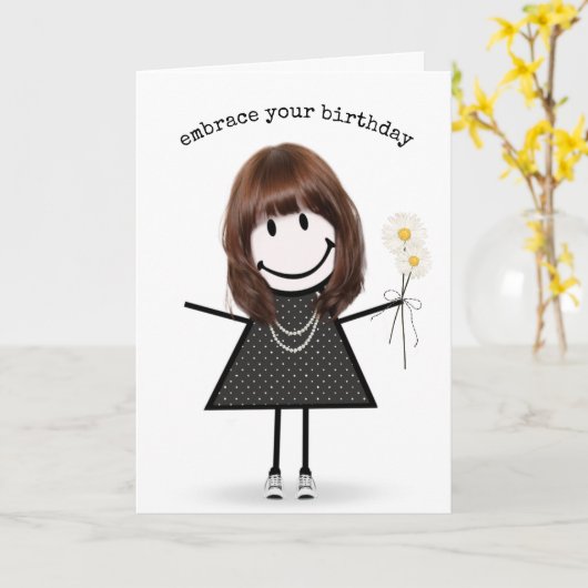 Birthday Stick Figuur Girl met Daisies Kaart (Gele Bloem)