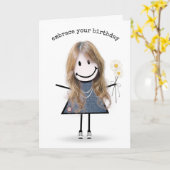 Birthday Stick Figuur Girl met Daisies Kaart (Gele Bloem)