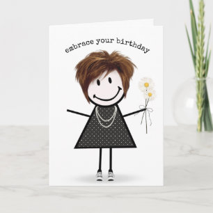 Birthday Stick Figuur Girl met Daisies Kaart