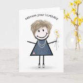 Birthday Stick Figuur Girl met Daisies Kaart (Gele Bloem)