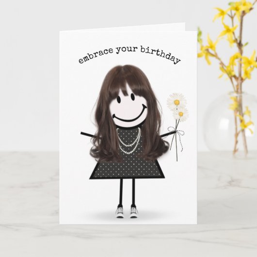 Birthday Stick Figuur Girl met Daisies Kaart (Gele Bloem)