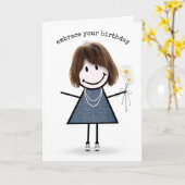 Birthday Stick Figuur Girl met Daisies Kaart (Gele Bloem)