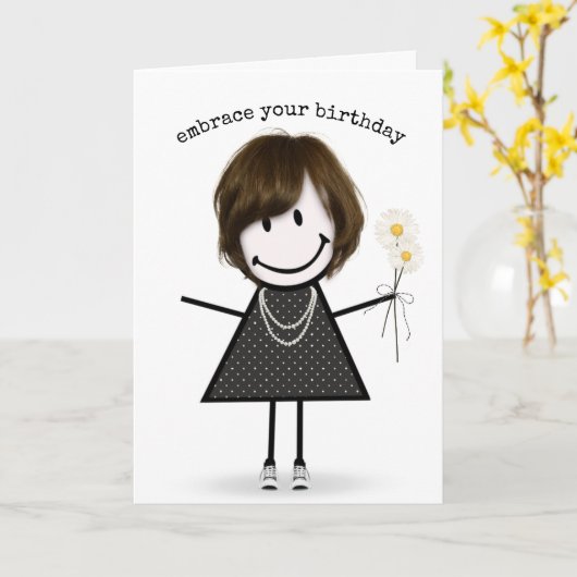 Birthday Stick Figuur Girl met Daisies Kaart (Gele Bloem)