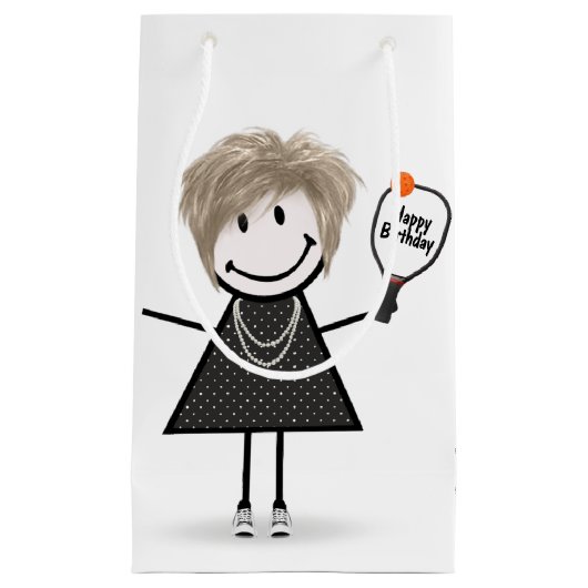 Birthday Stick Figuur Girl met Pickleball Klein Cadeauzakje (Voorkant)