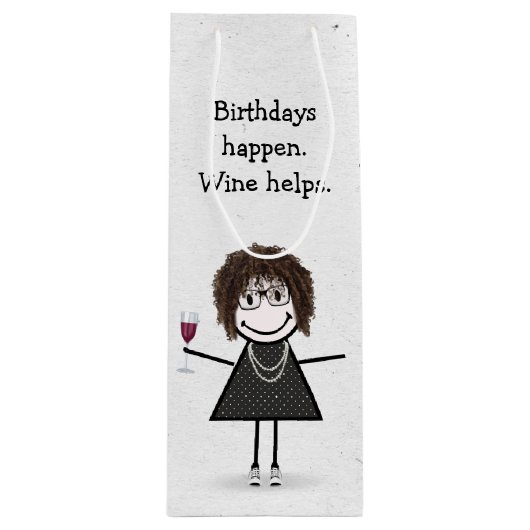 Birthday Stick Figuur Girl met Red Wine Glass Wijn Cadeautas (Voorkant)