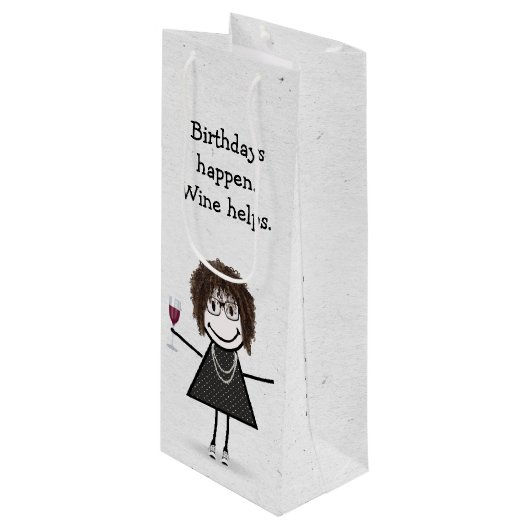 Birthday Stick Figuur Girl met Red Wine Glass Wijn Cadeautas (Voorkant Gekanteld)