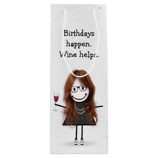 Birthday Stick Figuur Girl met Red Wine Glass Wijn Cadeautas (Voorkant)