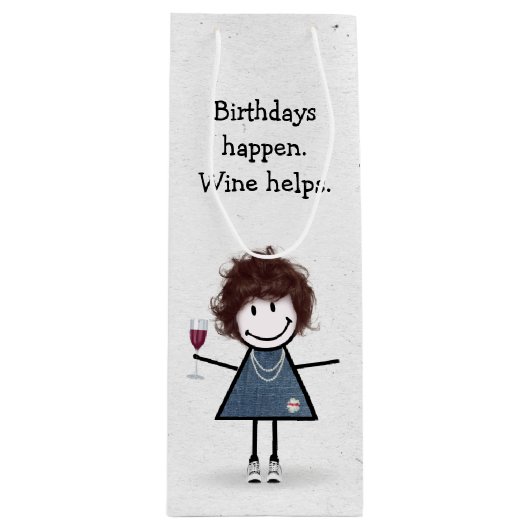 Birthday Stick Figuur Girl met Red Wine Glass Wijn Cadeautas (Voorkant)