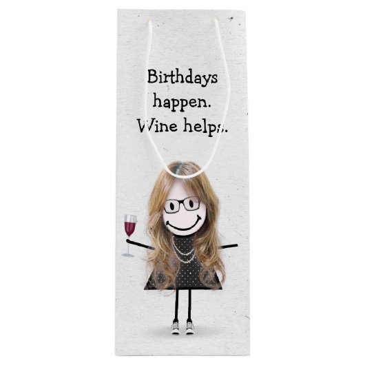 Birthday Stick Figuur Girl met Red Wine Glass Wijn Cadeautas (Voorkant)