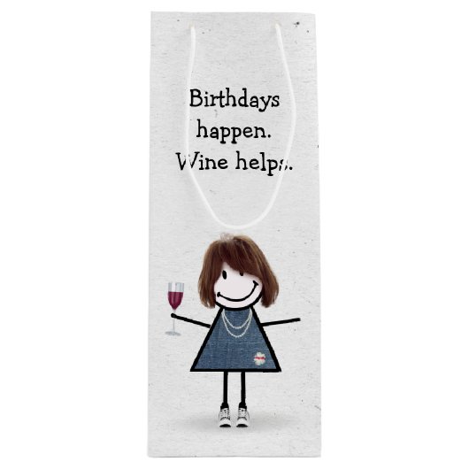 Birthday Stick Figuur Girl met Red Wine Glass Wijn Cadeautas (Voorkant)