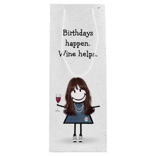 Birthday Stick Figuur Girl met Red Wine Glass Wijn Cadeautas (Voorkant)