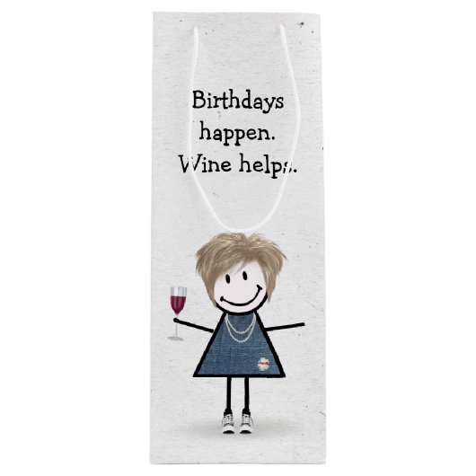 Birthday Stick Figuur Girl met Red Wine Glass Wijn Cadeautas (Voorkant)