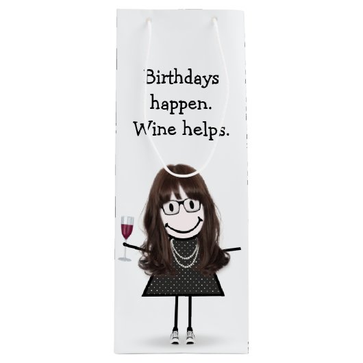 Birthday Stick Figuur Girl met Red Wine Glass Wijn Cadeautas (Voorkant)