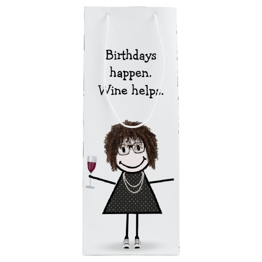 Birthday Stick Figuur Girl met Red Wine Glass Wijn Cadeautas (Voorkant)