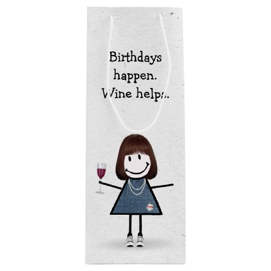 Birthday Stick Figuur Girl met Red Wine Glass Win Wijn Cadeautas (Voorkant)