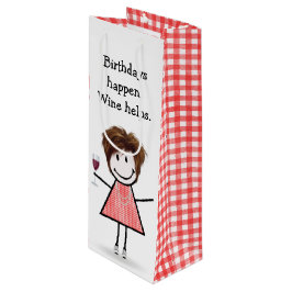 Birthday Stick Figuur Girl met rode wijn Cadeautas
