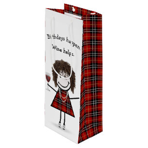 Birthday Stick Figuur Girl met rode wijn Cadeautas