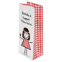 Birthday Stick Figuur Girl met rode wijn Cadeautas