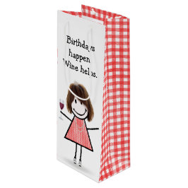 Birthday Stick Figuur Girl met rode wijn Cadeautas