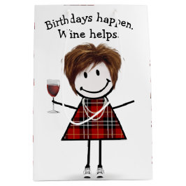 Birthday Stick Figuur Girl met rode wijn Medium Cadeauzakje
