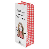 Birthday Stick Figuur Girl met rode wijn Wijn Cadeautas (Voorkant Gekanteld)