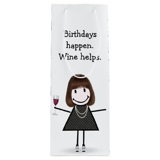 Birthday Stick Figuur Girl met rode wijn Wijn Cadeautas (Voorkant)