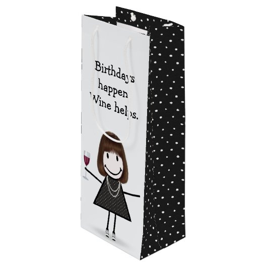 Birthday Stick Figuur Girl met rode wijn Wijn Cadeautas (Voorkant Gekanteld)